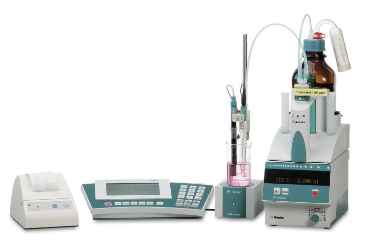 781 pH/Ion Meter, Magnetic Stirrer 801 Stirrer, 765 Dosimat and printer, ISE result on display