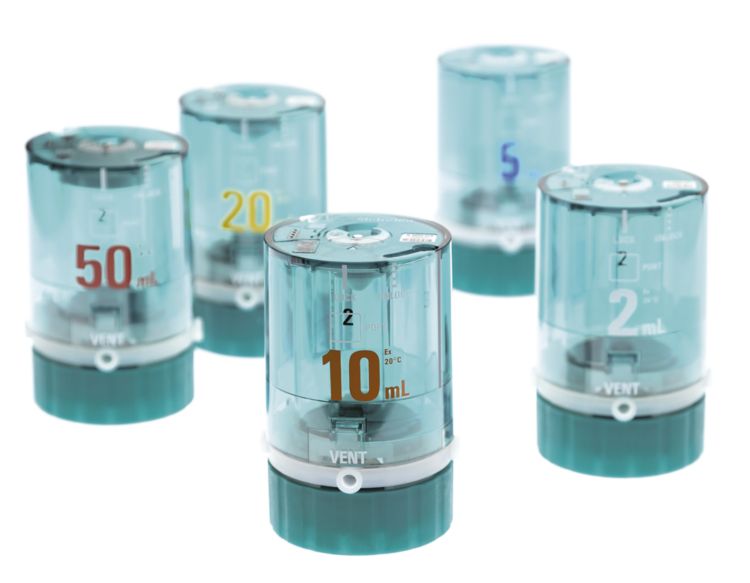 Jednostki dozujące Metrohm 807 są dostępne w różnych rozmiarach od 2 ml do 50 ml.
