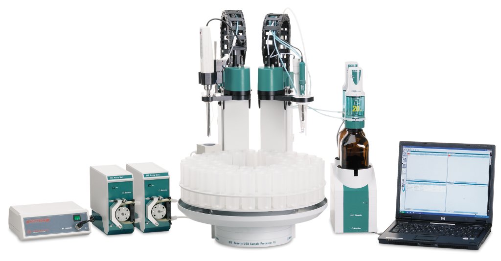 Automatizovaná príprava vzoriek pomou 815 Robotic Titration Soliprep, titrátor 857 Titrando a notebook so softvérom tiamo
