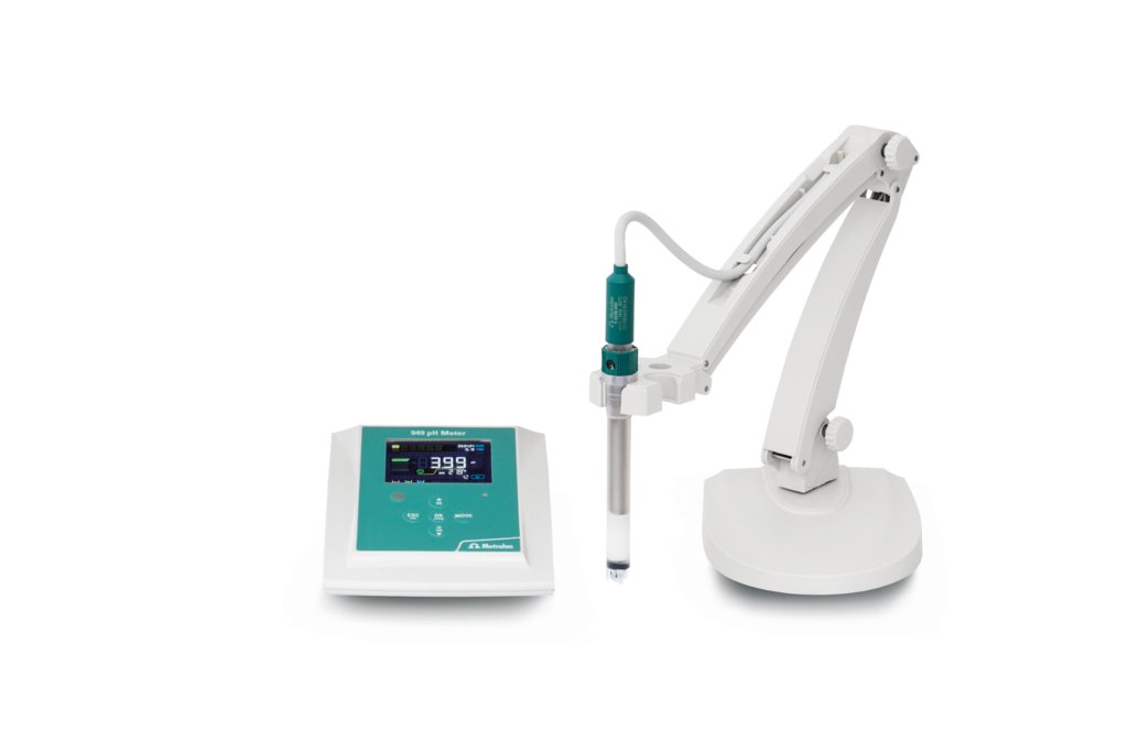 949, 29490210, 19490010, pH Meter with electrode holder 62001140, with Solitrode 60228000, Metrohm 949 pH Meter