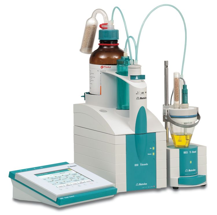 890 Titrando with 900 Touch Control, 60338100 Double Pt-wire electrode, 803 Ti Stand, KF Reagent and Exchange Unit (left view).