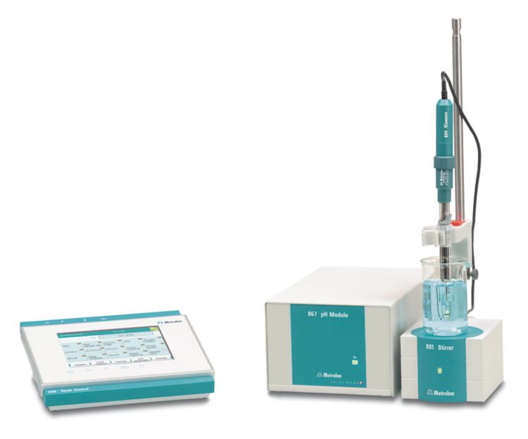 867 pH Module with 900 Touch Control, 60278300 iUnitrode with Pt 1000, 854 iConnect and Magnetic Stirrer 801 Stirrer.