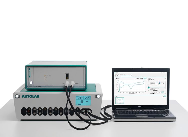 The Metrohm Autolab PGSTAT128N potentiostat/galvanostat combined with the BSTR10A 10 A current booster for high-current work up to 10 amperes connected to a laptop with the Metrohm AutoLab Nova 2 software for performing a wide variety of electrochemical t