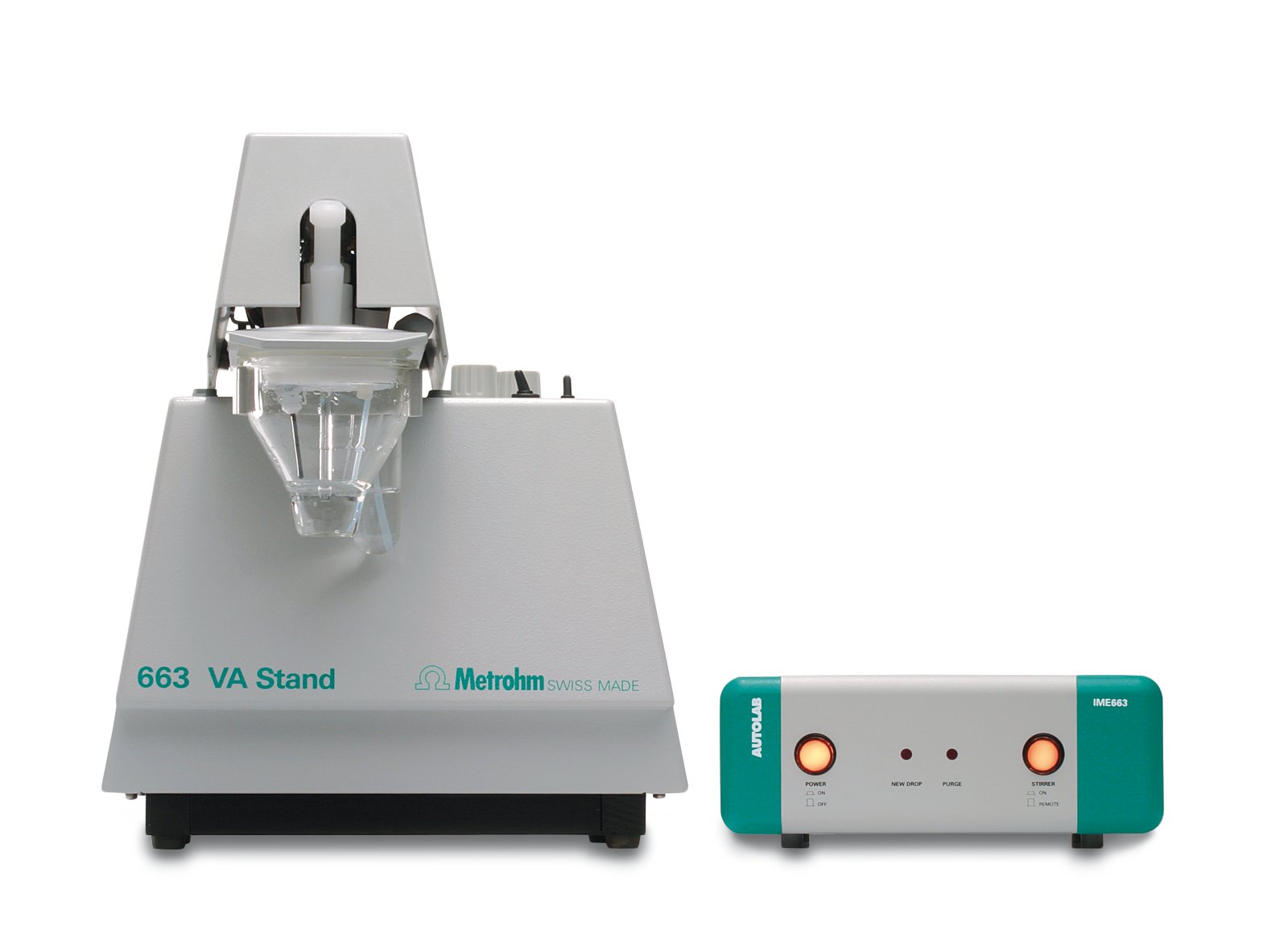 Polarographic and voltammetric workstation consisting of a Metrohm 663 VA Stand (version 26630020, including a Multi Mode Electrode, an Ag/AgCl reference electrode, and a glassy carbon auxiliary electrode) and a Metrohm Autolab IME663 interface for connec