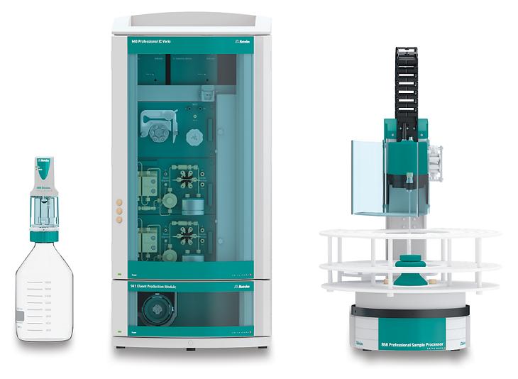 Instrumental setup including a 940 Professional IC Vario  ONE SeS/PP/HPG, 858 Professional Sample Processor, and an  800 Dosino for Dosino regeneration of the Metrohm Suppressor  Module (Metrohm Dosino Regeneration). 