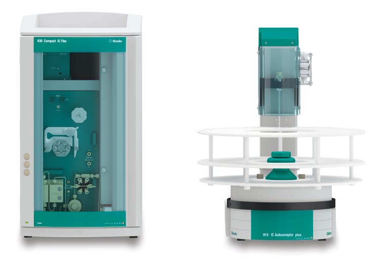 Instrumental setup including a 930 Compact IC Flex with  the IC Conductivity Detector MB (L) and the 919 IC Autosampler  plus (R). 