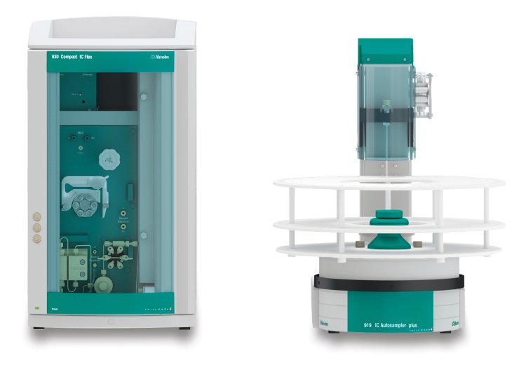 Instrumental setup including a 930 Compact IC Flex with  the IC Conductivity Detector MB (L) and the 919 IC Autosampler  plus (R). 