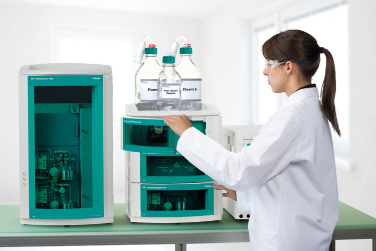 940 Professional IC Varion Two, 942 Extension Module Vario HPG, 943 Professional Reactor Vario, 944 Professional UV/VIS Detetctor Vario 889 IC Sample Center with femal operator. Automated post-column reaction/UV/VIS system with reagent delivery using a hi