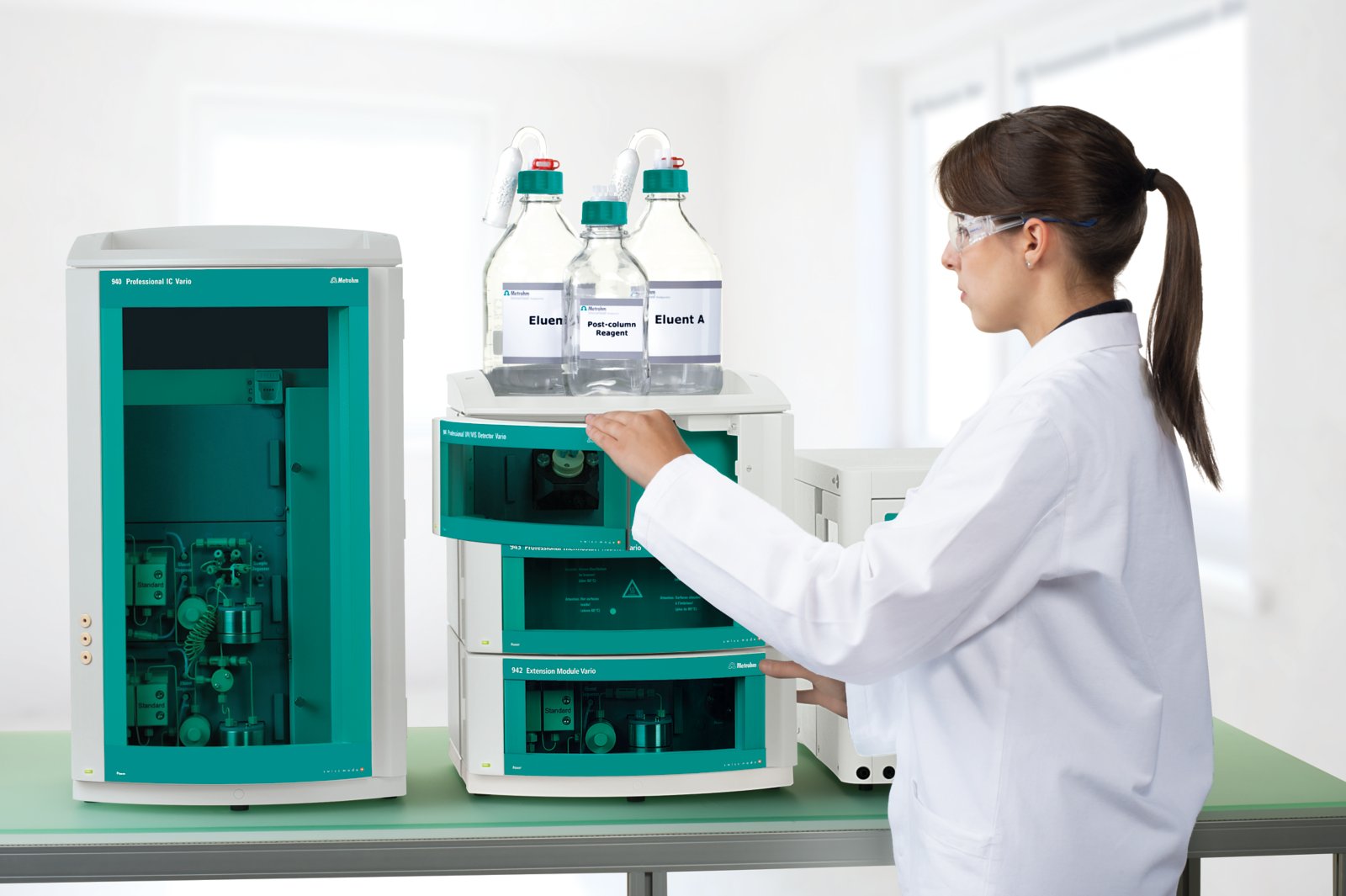 940 Professional IC Varion Two, 942 Extension Module Vario HPG, 943 Professional Reactor Vario, 944 Professional UV/VIS Detetctor Vario 889 IC Sample Center with femal operator. Automated post-column reaction/UV/VIS system with reagent delivery using a hi