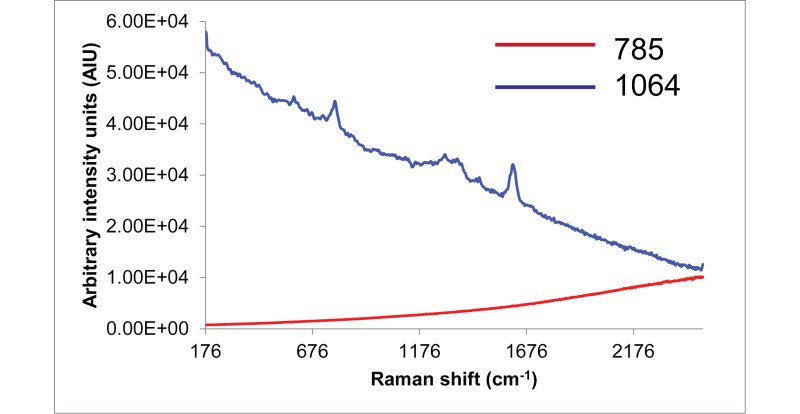 Raman spectra of grape seed extract collected with 785 nm and 1064 nm laser excitations.