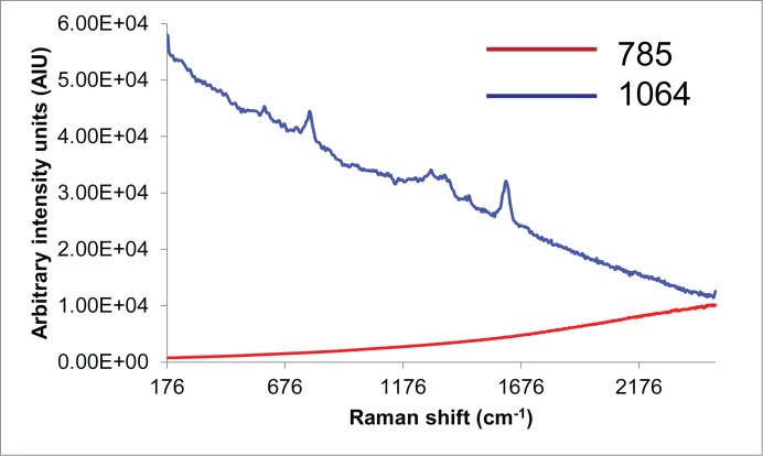 Espectros Raman de extracto de semilla de uva recolectados con excitaciones láser de 785 nm y 1064 nm.