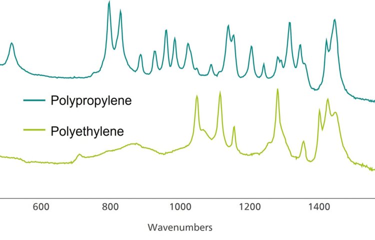 Raman spectra of polypropylene (top) and polyethylene  (bottom). Spectra are manually offset for visual clarification. 
