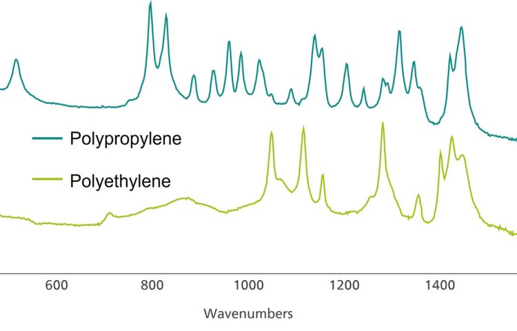 Raman spectra of polypropylene (top) and polyethylene  (bottom). Spectra are manually offset for visual clarification. 