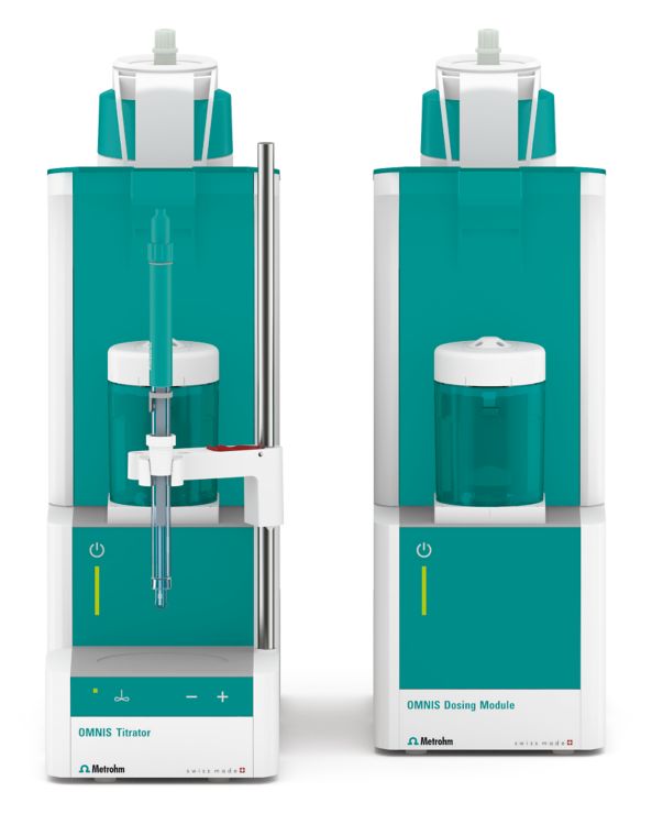 OMNIS system consisting of an OMNIS Advanced Titrator and an OMNIS Dosing Module equipped with a double Pt-wire electrode for indication.