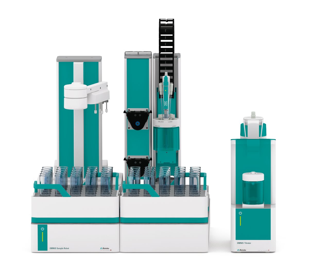 Probenroboter und OMNIS Titrator Advanced ausgestattet mit dEcotrode plus für die Bestimmung von Lithiumhydroxid und Lithiumcarbonat.