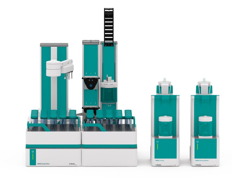 OMNIS system consisting of an OMNIS Sample Robot, an OMNIS Advanced Titrator, and an OMNIS Dosing Module.