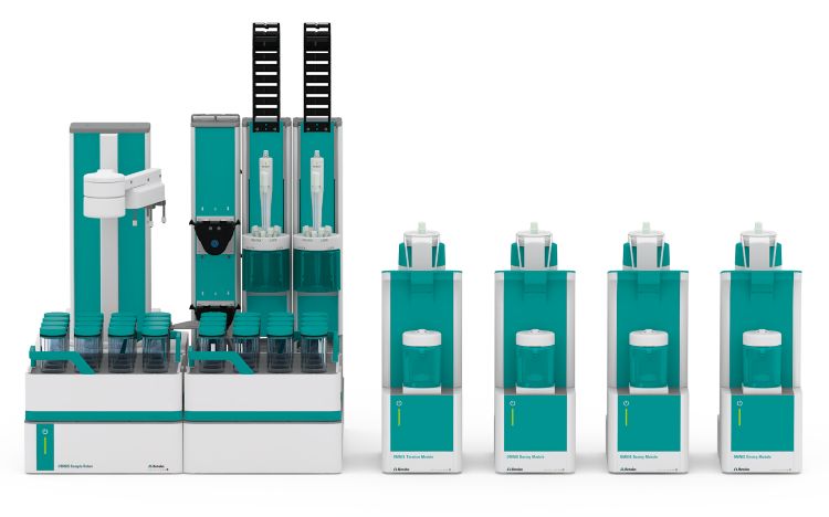 Example of an OMNIS system consisting of an OMNIS Sample Robot S with two working stations, an OMNIS Professional Titrator, and a corresponding amount of OMNIS Dosing Modules to add all necessary solutions.