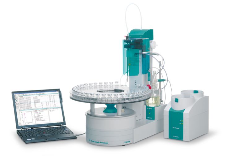 Fully automated system consisting of an 874 Oven Sample Processor with 851 Titrando for the coulometric Karl Fischer after vaporization of any moisture present in the sample.