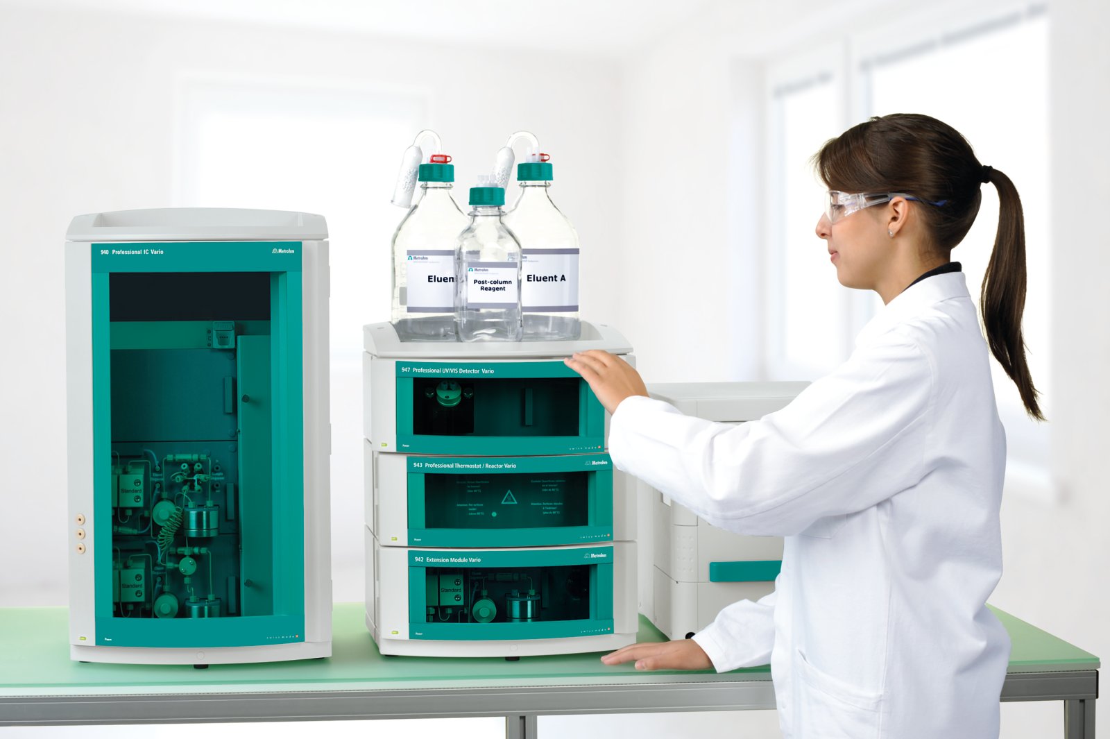940 Professional IC Varion Two, 942 Extension Module Vario HPG, 943 Professional Reactor Vario, 947 Professional UV/VIS Detetctor Vario 889 IC Sample Center with femal operator. Automated post-column reaction/UV/VIS system with reagent delivery using a hi