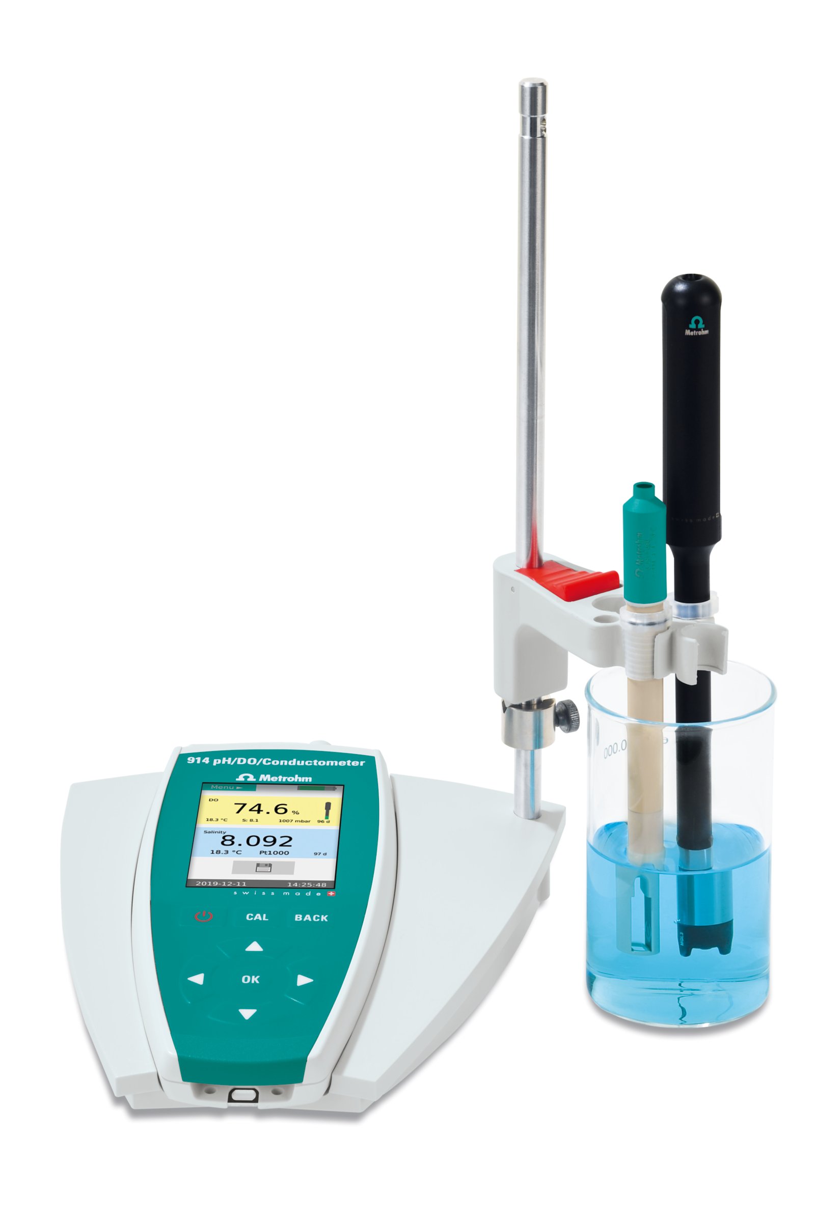 914 pH/OD/Conductómetro equipado con O2-Lumitrode, celda de medición de conductividad e iUnitrode (falta en la imagen) para la determinación de DO, K (conductividad) y pH en productos lácteos líquidos.