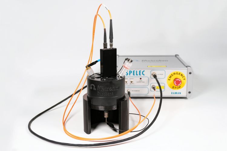 SPELEC RAMAN-Messgerät und Raman-Sonde in Kombination mit einer spektroelektrochemischen Raman-Zelle für konventionelle Elektroden. 