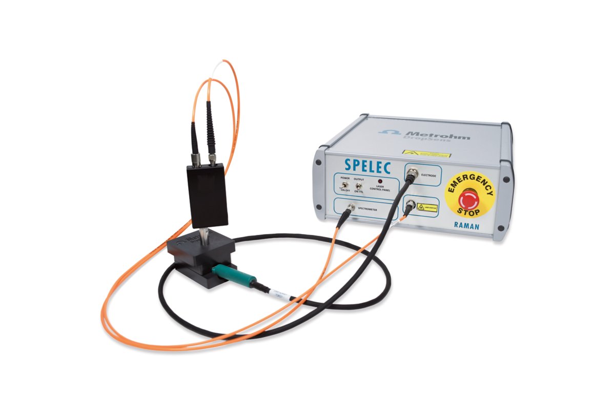 SPELEC RAMAN instrument and Raman probe used in combination with a Raman spectroelectrochemical cell for screen-printed electrodes.