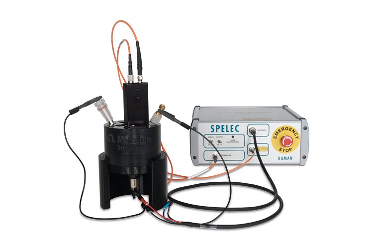 SPELEC RAMAN 638 instrument and Raman probe used  in combination with a Raman spectroelectrochemical cell for (a)  screen-printed and (b) conventional electrodes.