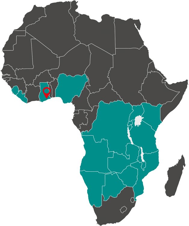 Map of supported countries by Metrohm Central Africa, pin at location Accra, Ghana