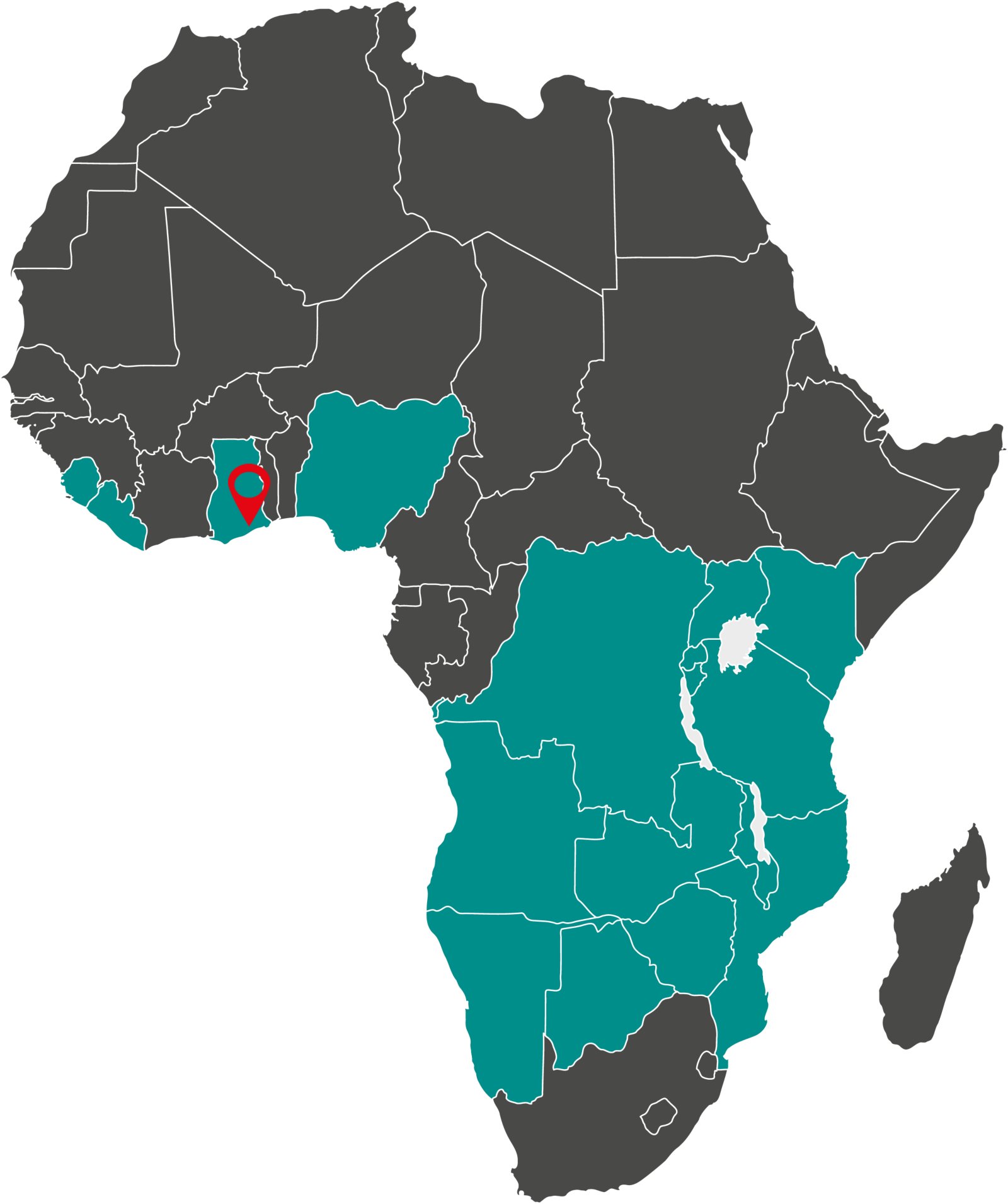 Map of supported countries by Metrohm Central Africa, pin at location Accra, Ghana