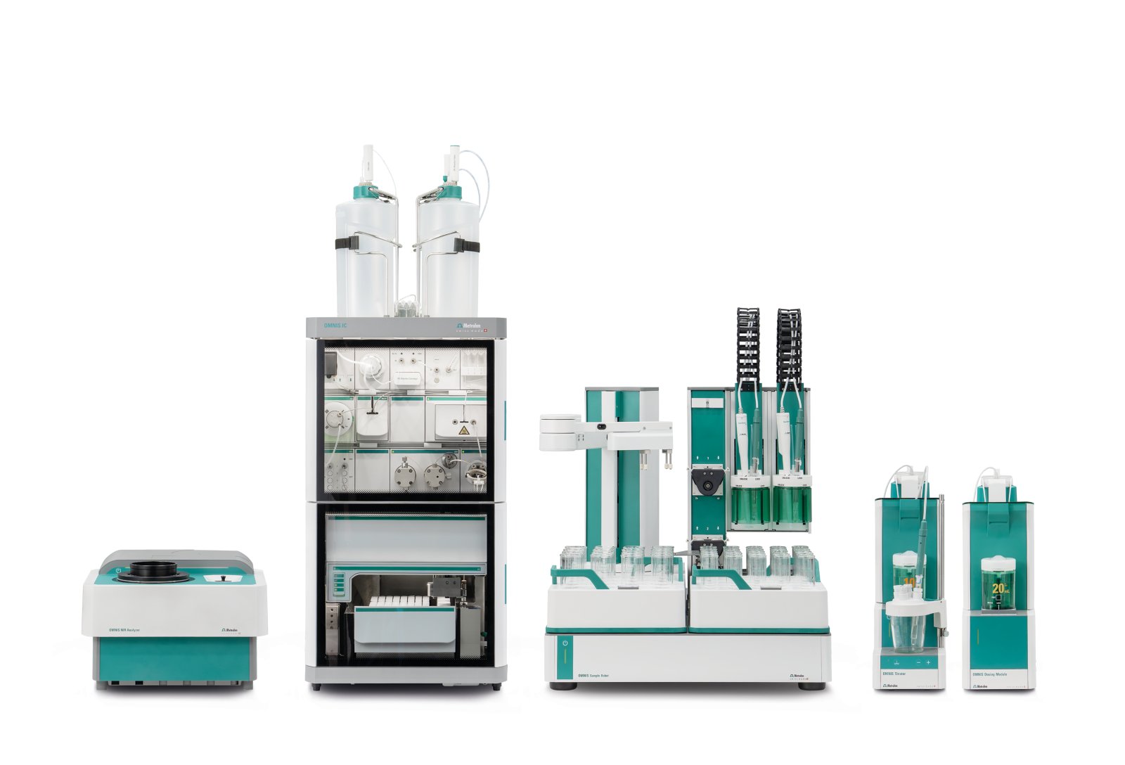 Integrate all your QC analytics on one platform: Lab manager standing behind a OMNIS NIR Analyzer, OMNIS Sample Robot, and OMNIS Titrator. The OMNIS Software is running on a laptop.