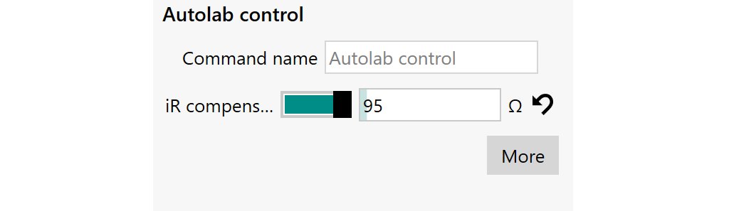 Ansicht des Bereichs “Properties” des Befehls “Autolab control” in NOVA, mit aktiviertem iR-Kompensationsschalter.