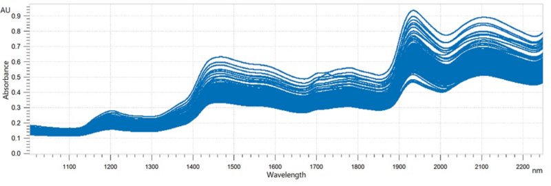 Überlagerte NIR-Spektren von Mehlproben. Die Daten wurden mit einem OMNIS NIR Analyzer Solid gewonnen.
