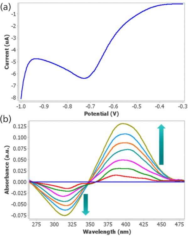 (a) Voltamograma de barrido lineal obtenido escaneando el potencial de -0,30 V a -1,00 V y (b) espectros UV/VIS obtenidos simultáneamente en 1 × 10-4 M 4-NP y solución acuosa de solución de Na2SO4 0,5 M utilizando electrodos 220AT.