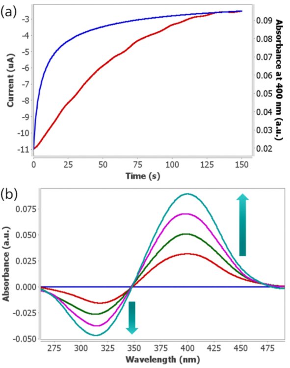 (a) Cronoamperograma realizado en solución 2 × 10-5 M 4-NP y 0,5 M Na2SO4 aplicando -1,00 V durante 150 s (línea azul) usando electrodos 220AT. Evolución de la absorbancia UV/VIS a 400 nm (línea roja) con el tiempo. (b) Espectros UV/VIS registrados durante el proceso electroquímico.