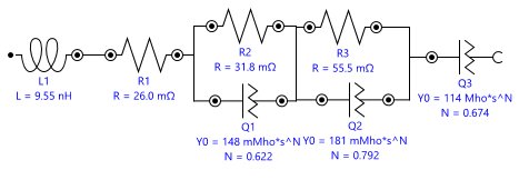 Ersatzschaltbild, das für den Fit der Daten der Kathode verwendet wurde, mit den Fitting-Resultaten pro elektrischem Element.