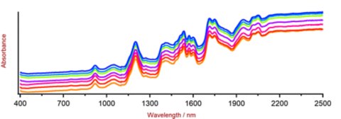 Selezione di spettri Vis-NIR di poliammide ottenuti utilizzando un analizzatore DS2500 e una coppa per campioni grande DS2500 rotante. Per motivi di visualizzazione, gli spettri vengono mostrati con un offset applicato.