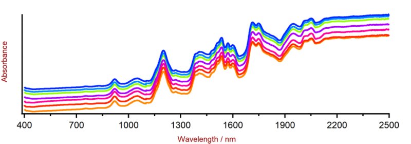 Selezione di spettri Vis-NIR di poliammide ottenuti utilizzando un analizzatore DS2500 e una coppa per campioni grande DS2500 rotante. Per motivi di visualizzazione, gli spettri vengono mostrati con un offset applicato.