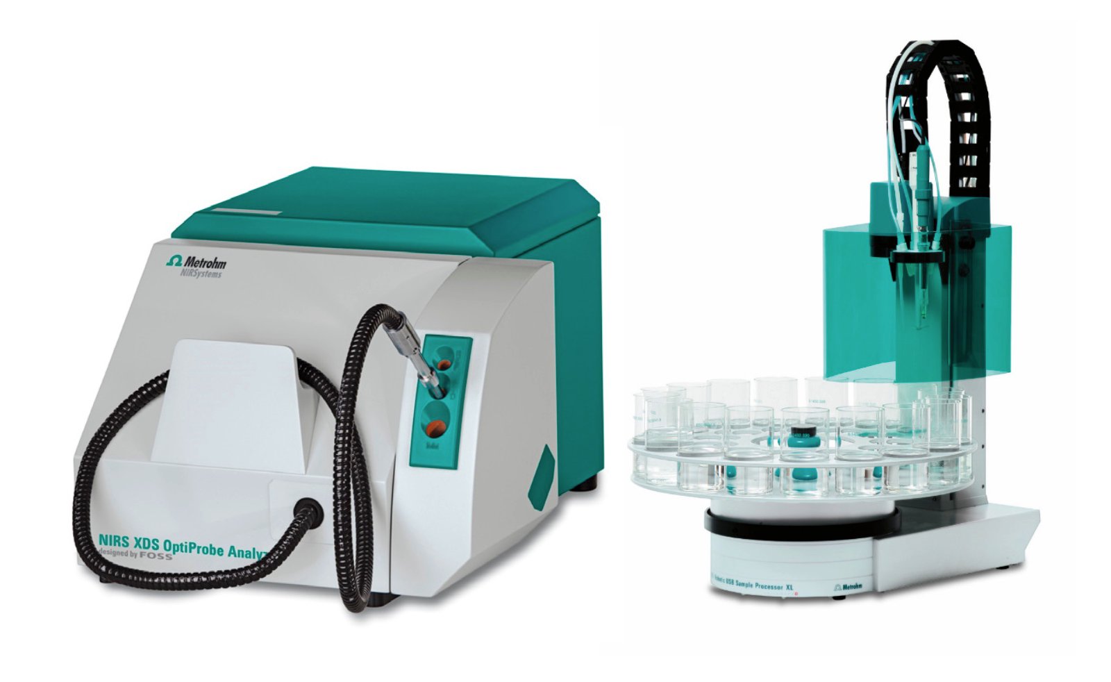 The NIRS XDS OptiProbe Analyzer and the 815 Robotic Sample Processor.