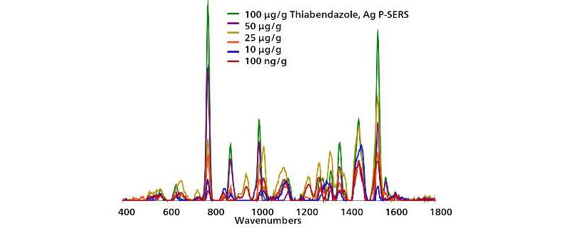 Overlaid baseline-corrected, dipped Ag P-SERS spectra for pulverized banana chips spiked with TBZ show detection down to 100 ng/g.