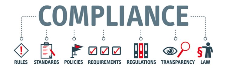 Illustration of the concept of compliance: rules, standards, policies, requirements, regulations, transparency, and law.