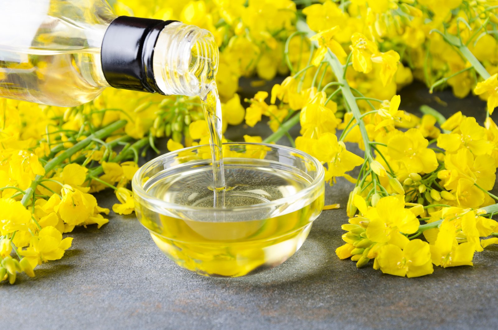 Canola oil, also known as rapeseed oil, poured from a bottle into a glass bowl sitting in front of yellow flowers.