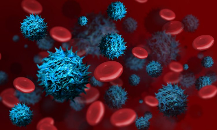 Illustration of red blood cells with cancer cells.