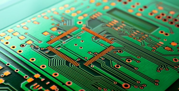 Ejemplo de representación de una placa de circuito impreso (PCB) con varios elementos como pistas conductoras, almohadillas de soldadura y vías.