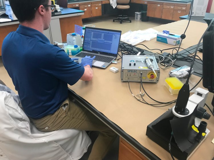 Dr. Colby Ott using SPELEC RAMAN in combination with screen-printed electrodes (SPEs) for his research on fentanyl detection.