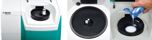 Figure 4. Solid (left) and liquid (right) sample positioning for NIR measurements