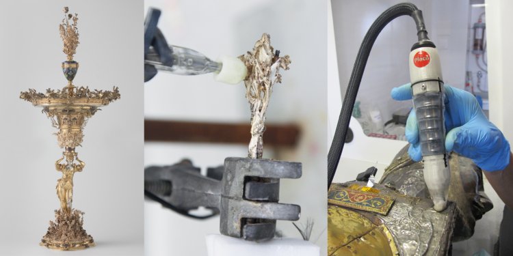 From left to right: The silver table ornament that needed to be cleaned, a replica of the detailing made to test the electrolytic pencil prototype, and cleaning of one of the pieces from the Saint-Maurice d’Agaune abbey’s treasury. 