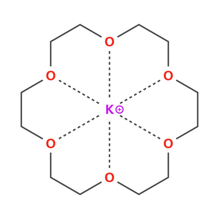 Structure of 18-crown-6-ether with the potassium ion in the middle. The potassium ion fits exactly in the «cage» of the ether. It is complexed via the electron pairs of the oxygen atoms.