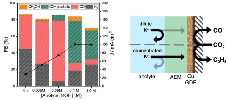 Left: Product selectivity (FE in %) and total current density (J, black squares) as a function of anolyte KOH concentration tested under a bias of 3.2 V. Right: A schematic summarizing the observations of the study.