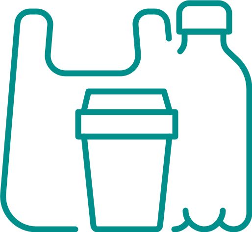 industry icon; polymers and plastics industry; main industry icon; plastic bag with water bottle and coffe cup to go