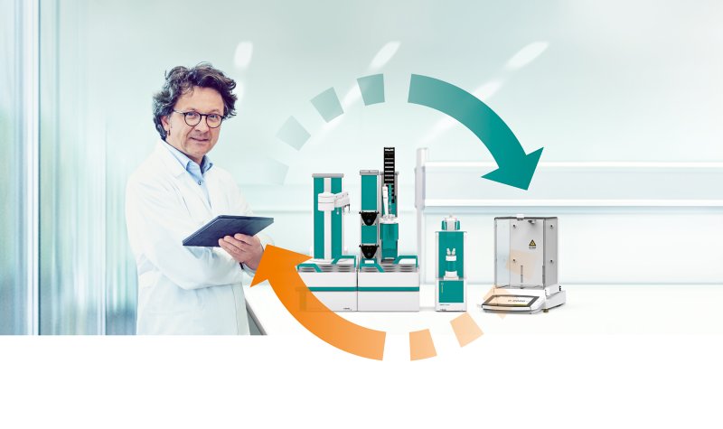 OMNIS Titrator, OMNIS Sample Robot S, CUBISII balance, Sartorius, male laboratory manager